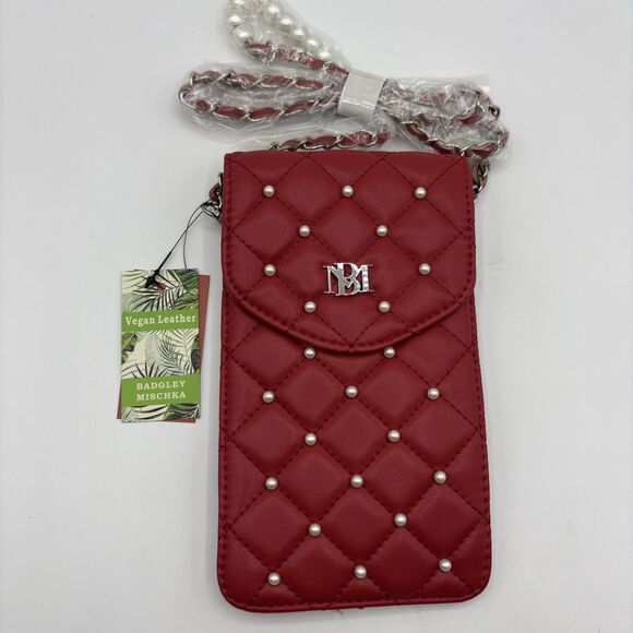 Badgley Mischka Handbags - Badgley Mischka Red Phone Case Purse w/ Diamond Quilting & Pearls Cardholder NEW